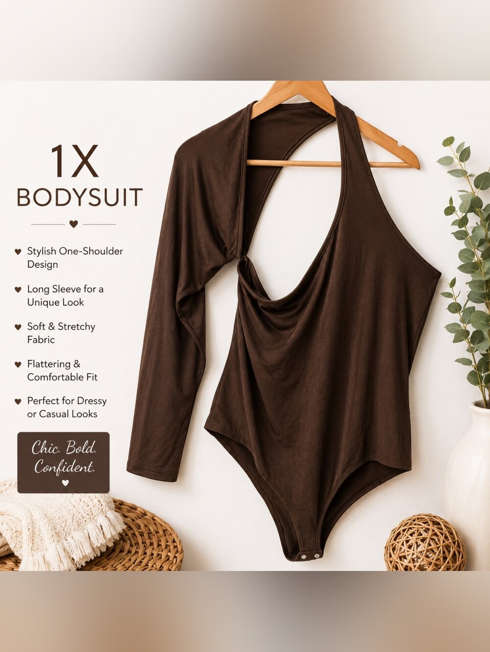 Fashion Nova Brown One-Shoulder Long Sleeve Bodysuit